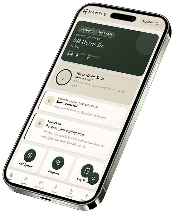 The Mantle app home screen, showing a home health score, a weather alert, and quick actions to add a system, diagnose a problem, or log work.
