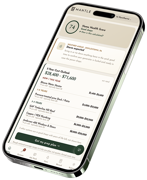 The Mantle app showing a five year cost outlook, with the roof, plumbing, water heater, and windows and their estimated replacement ranges.