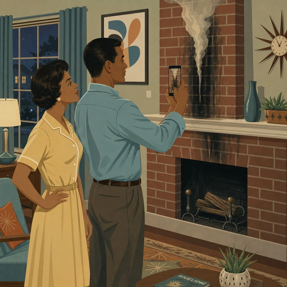 A couple using the Mantle app to photograph and diagnose staining and damage above their fireplace.